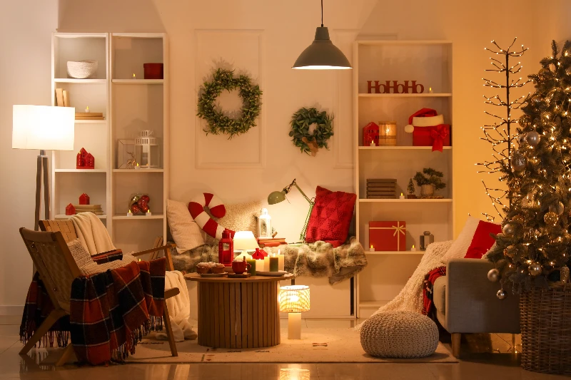 Blog 5 Interior of dark living room with gloving lamps, Christmas tree, and sofa.
